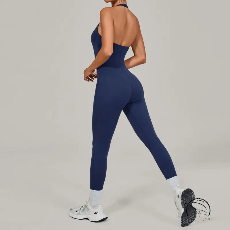 Navy blue high-waisted seamless Langry halter yoga jumpsuit for outdoor fashion