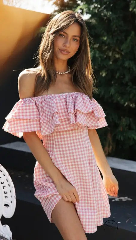 Elegant Plaid Off-shoulder Ruffled Collar Dress
