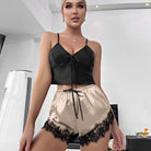 Langry fashion beige satin shorts with black lace trim in Ice Silk set