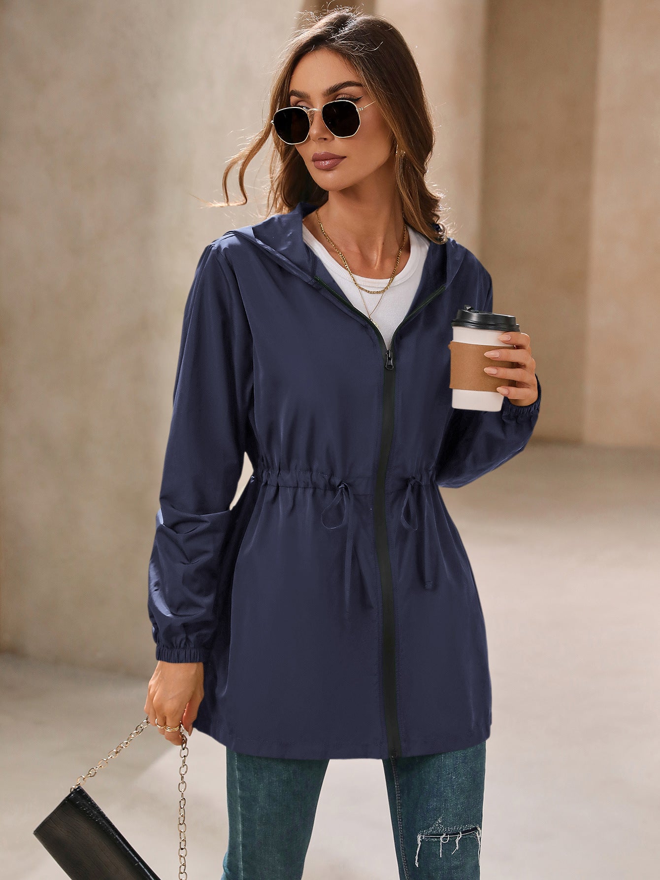 Navy hooded outdoor raincoat with drawstring for women, waterproof windcheater jacket