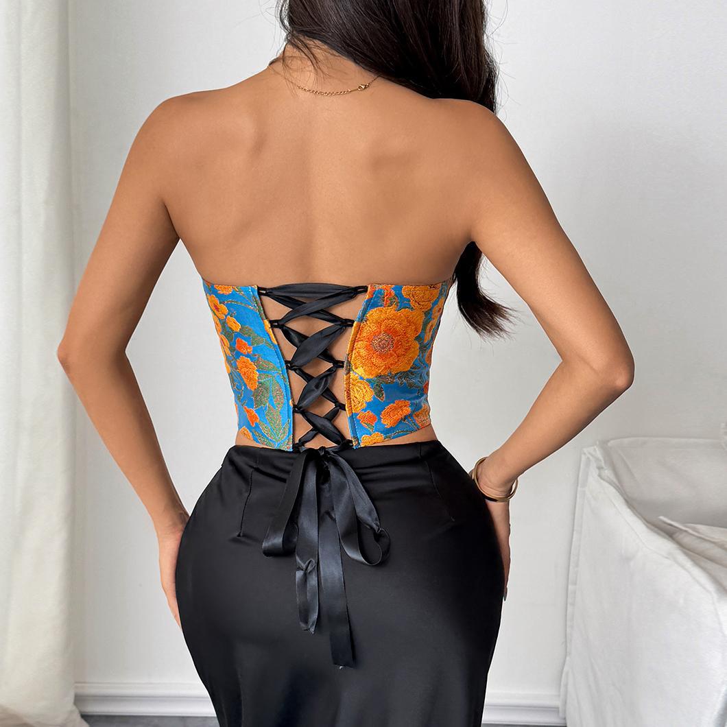 Langry Painting Color Slim Vest: Blue Orange Floral Satin Corset with Black Lace-Up Back