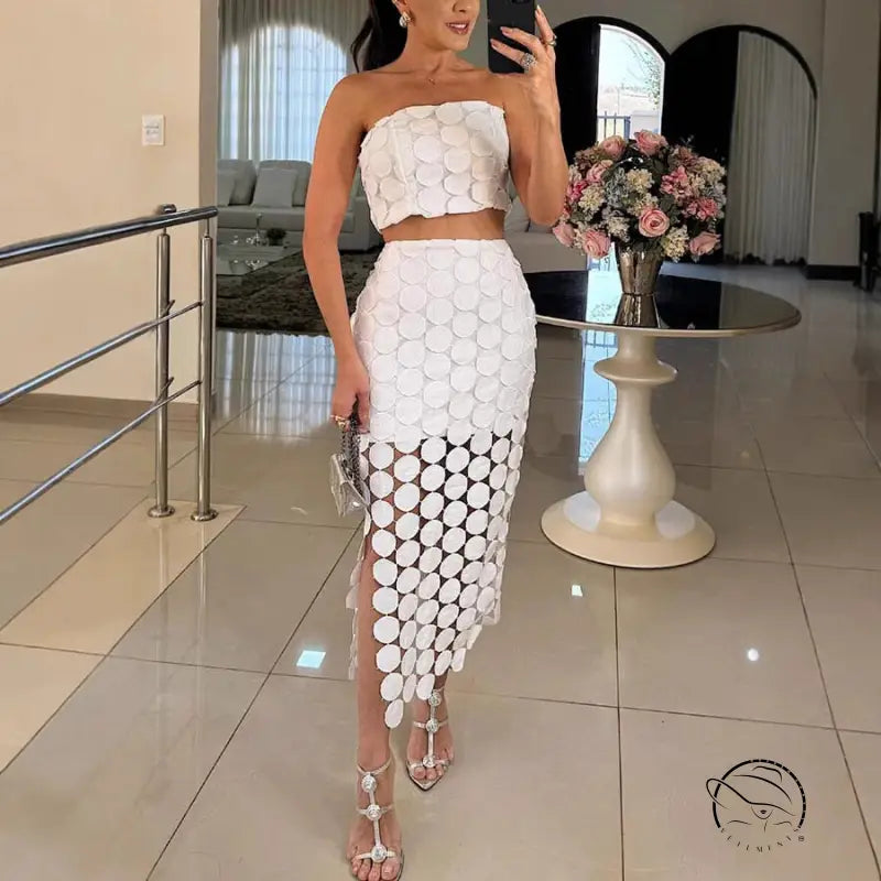 White circular-embellished casual loose vacation two-piece set