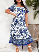 Blue white maxi dress with floral print, short sleeves, square neckline