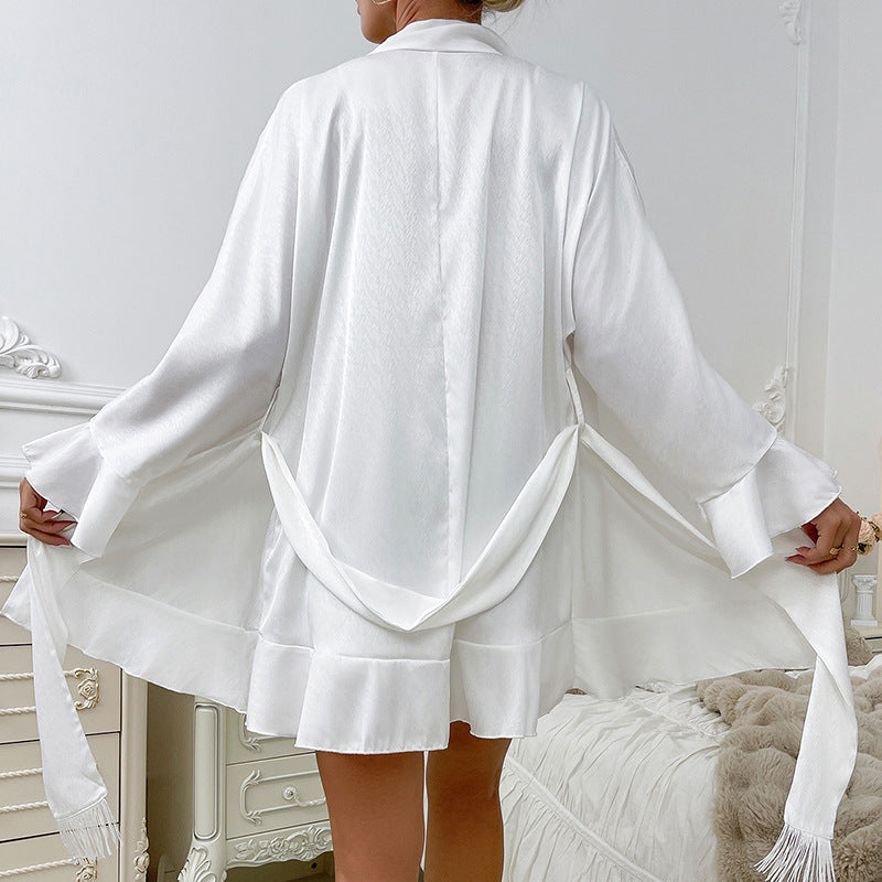 Elegant white satin langry robe with tassels, Vera Wang-inspired fashion pajamas