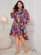 Polo collar loose maxi dress with colorful abstract swirls and high-low hem