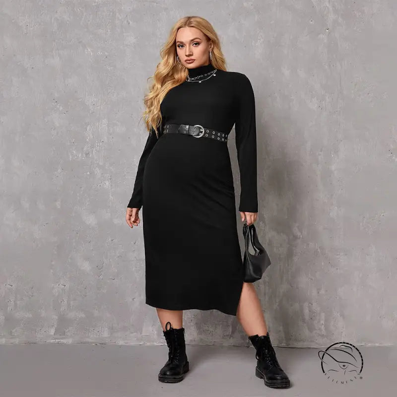 Elegant black turtleneck winter mid length dress