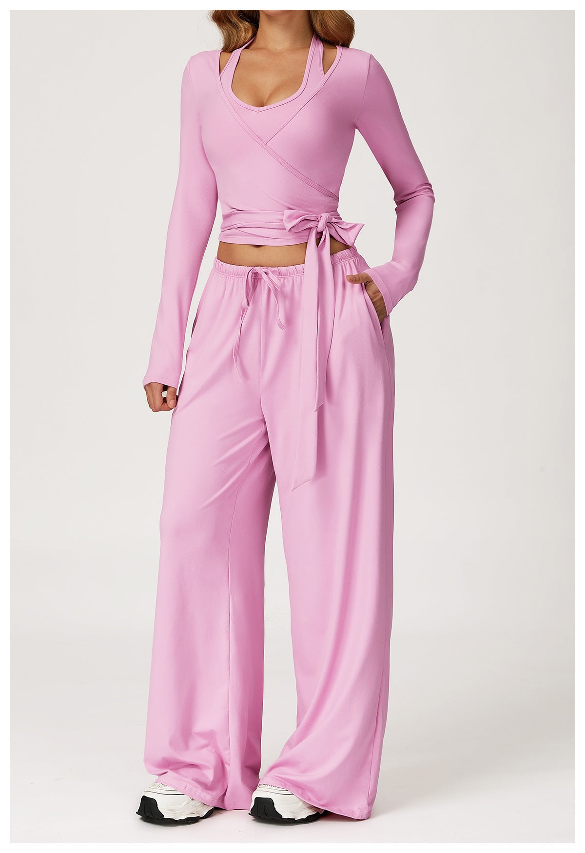 Langry lavender satin two-piece fashion set with tie waist and pockets