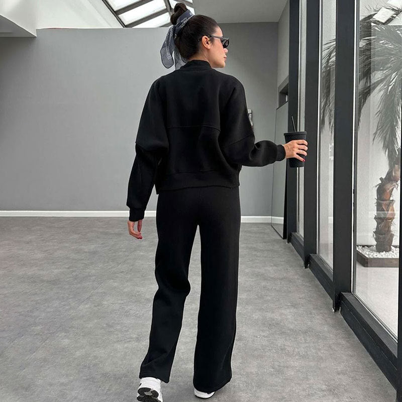 Winter Fur Zipper Cardigan Casual Straight Pants Two Piece Sets