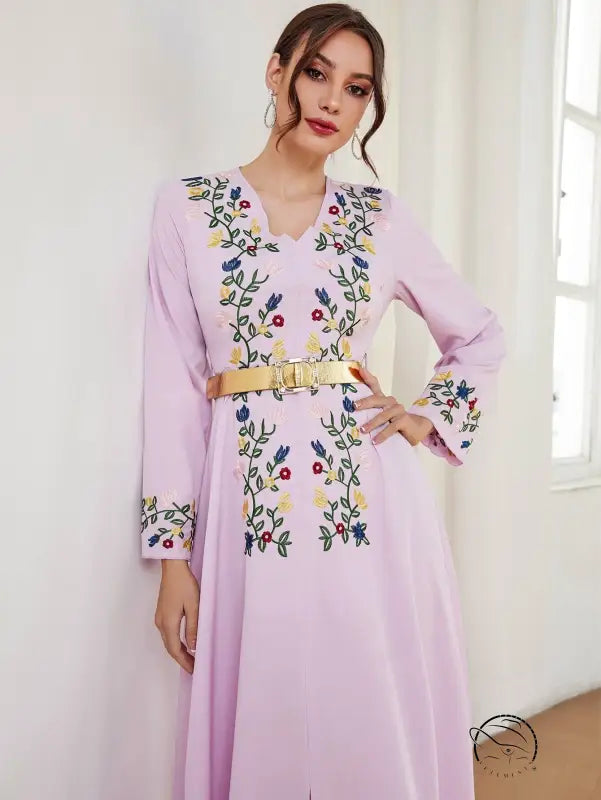 Middle East embroidered slim langry dress in soft lavender with floral details