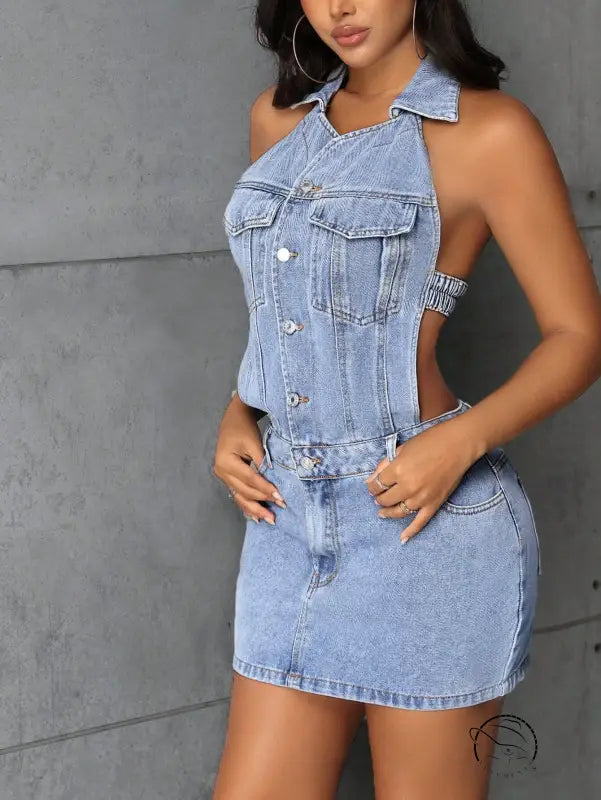 Halter backless denim dress in blue fabric