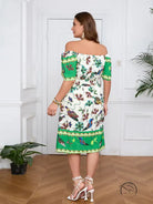 Elegant bohemian dress with off-shoulder midi, white base, green border, bird and leaf print