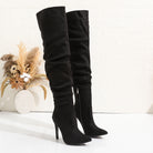Elegant langry fashion black suede thigh-high boots with pointed toes