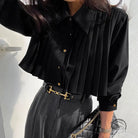 French elegant chiffon black pleated blouse with gold buttons