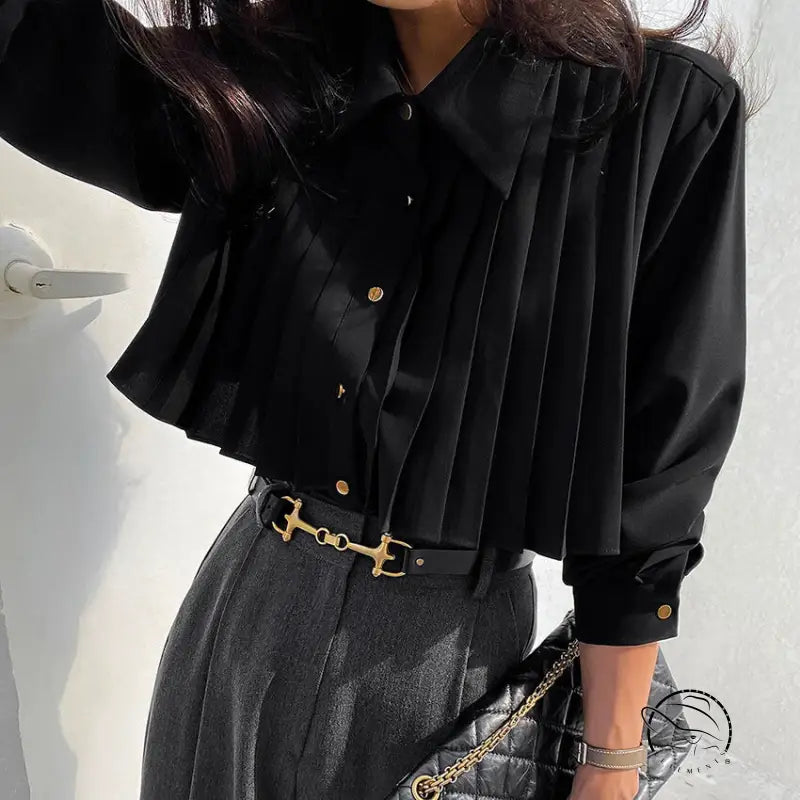 French elegant chiffon black pleated blouse with gold buttons