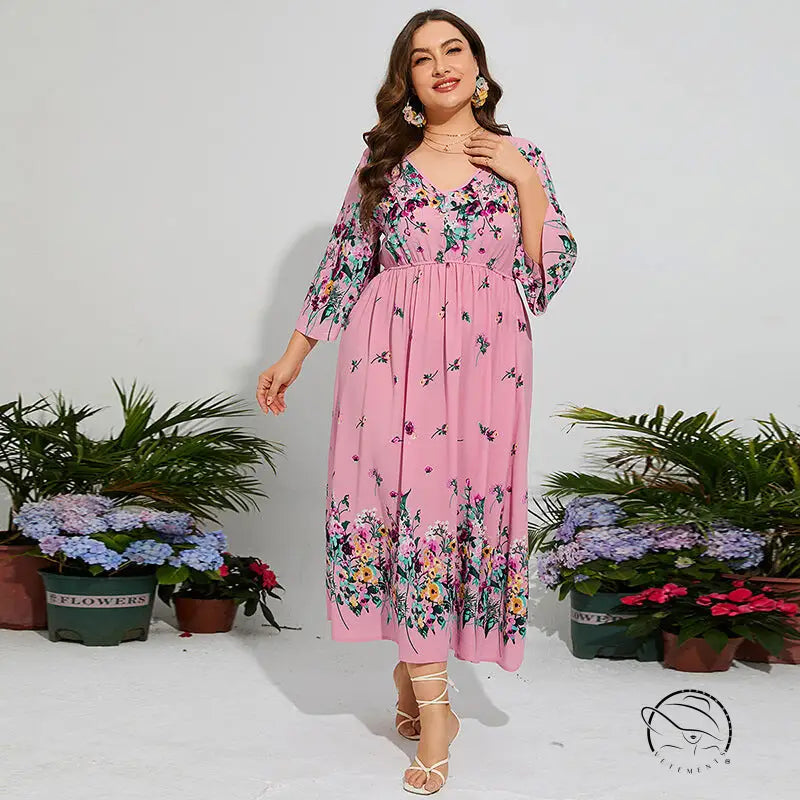 Pink floral chiffon spring dress with elastic waist for plus-size women