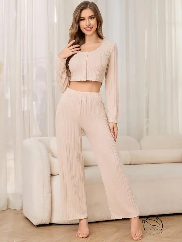 Beige ribbed knit winter casual two piece pajamas set