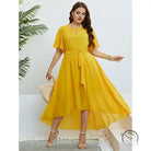 Elegant lace up yellow high-low dress with free shipping