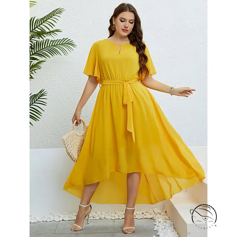 Elegant lace up yellow high-low dress with free shipping