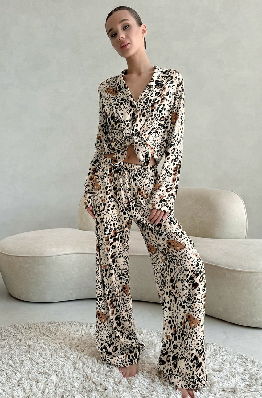 Woman in langry leopard print fashion pajamas set with cardigan