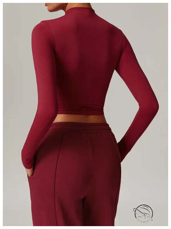 Back view of burgundy quick drying fitness sports outerwear crop top