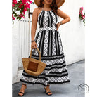 Black and white patterned halter Vacation Bare maxi dress