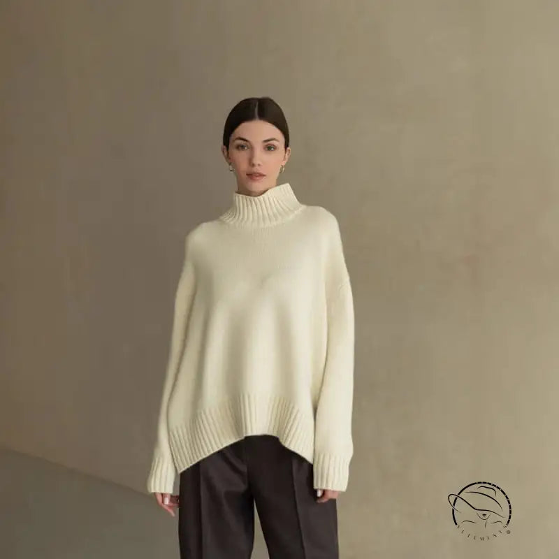 Langry fashion cream oversized turtleneck sweater with black pants, winter loose knitwear