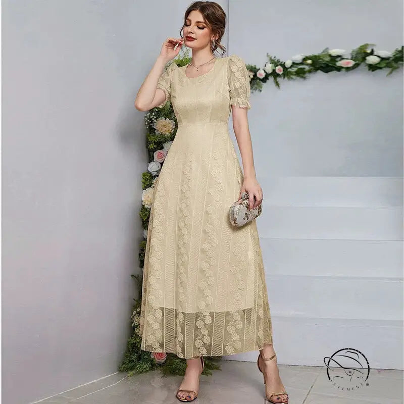 Beige lace midi dress with short sleeves and floral embroidery from Langry fashion ملابس