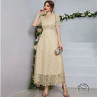 Beige lace midi dress with short sleeves and floral embroidery from Langry fashion ملابس