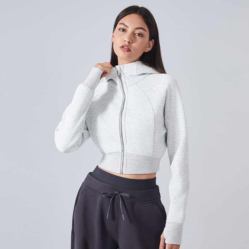 Gray cropped zip-up hoodie for women, stylish autumn winter casual fashion ملابس