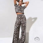 Slim fit leopard print two-piece crop top and wide-leg pants set