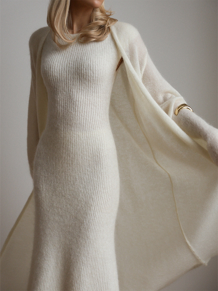 Cream knit sleeveless dress with long sleeves and gold bracelet