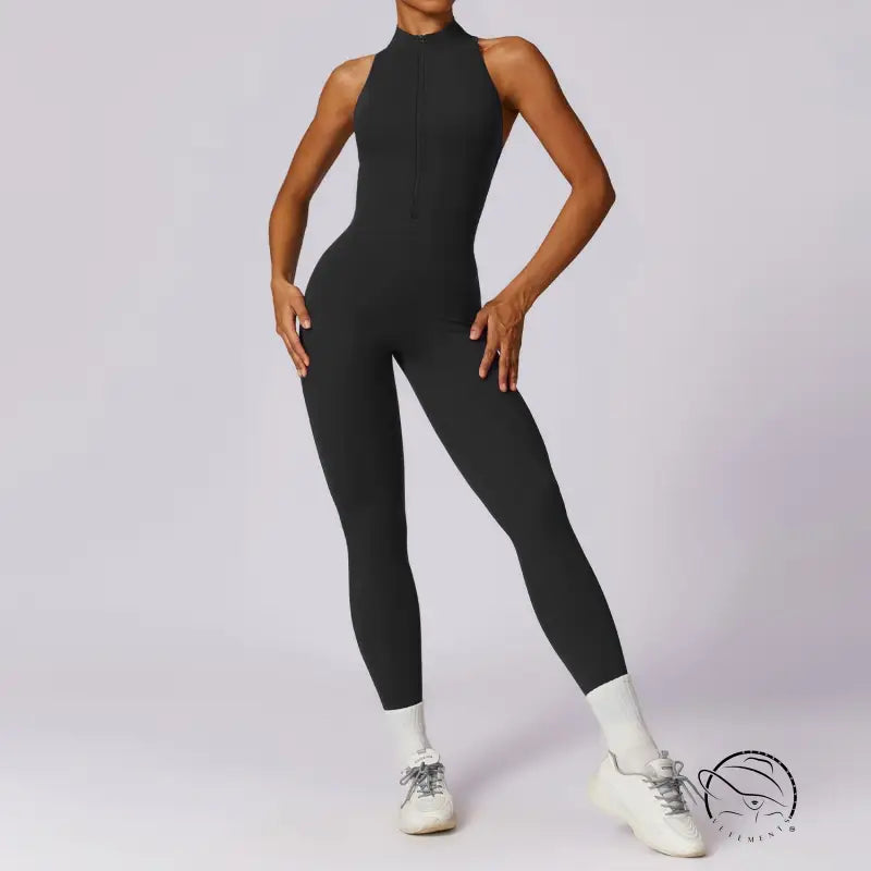 Black langry high-neck sleeveless zip-front yoga jumpsuit in fashion ملابس