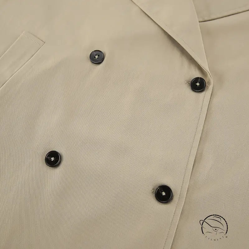 Beige double-breasted trench coat with black buttons and pockets