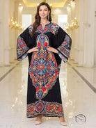 Elegant loose black floral print kaftan dress with bell sleeves and v-neck