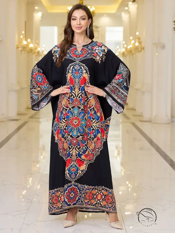 Elegant loose black floral print kaftan dress with bell sleeves and v-neck