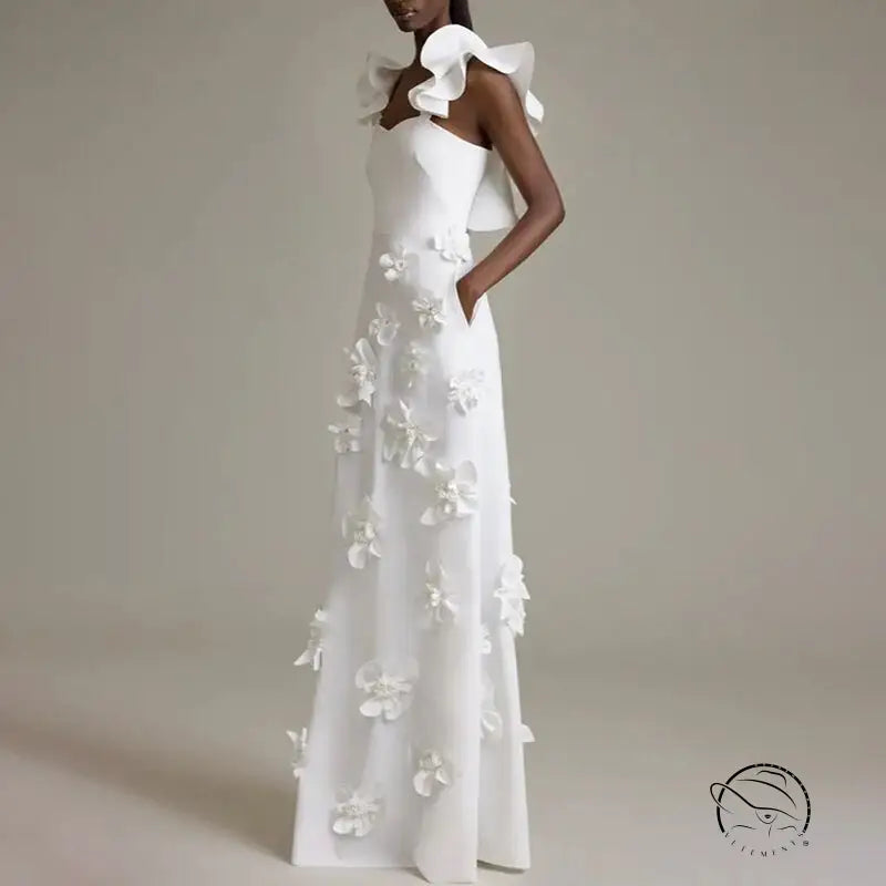 White floral-appliqued slim fit summer gown with high grade stitching