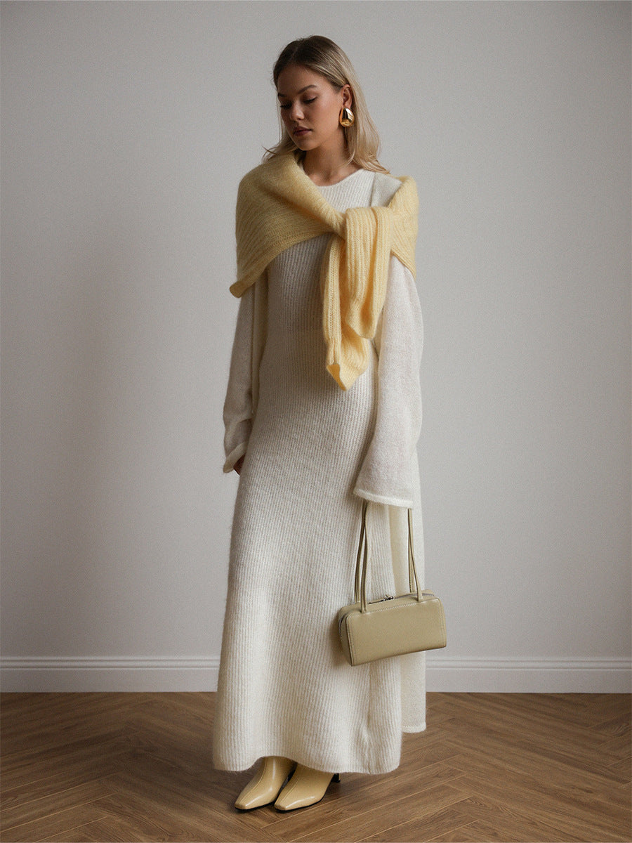 Cream textured knitted cardigan sleeveless dress with yellow scarf and beige handbag