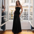 Elegant black strapless langry fashion gown in slim patchwork style