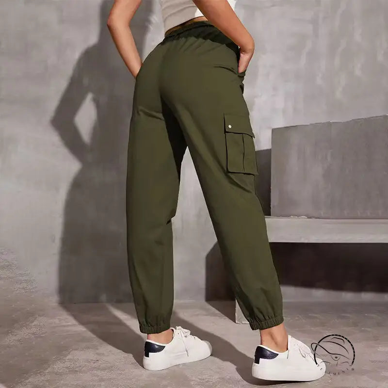 Olive green high waist wide leg cargo jogger pants with elastic cuffs