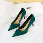 Langry fashion green patent leather pointed toe pumps with bow and thinner stiletto heel