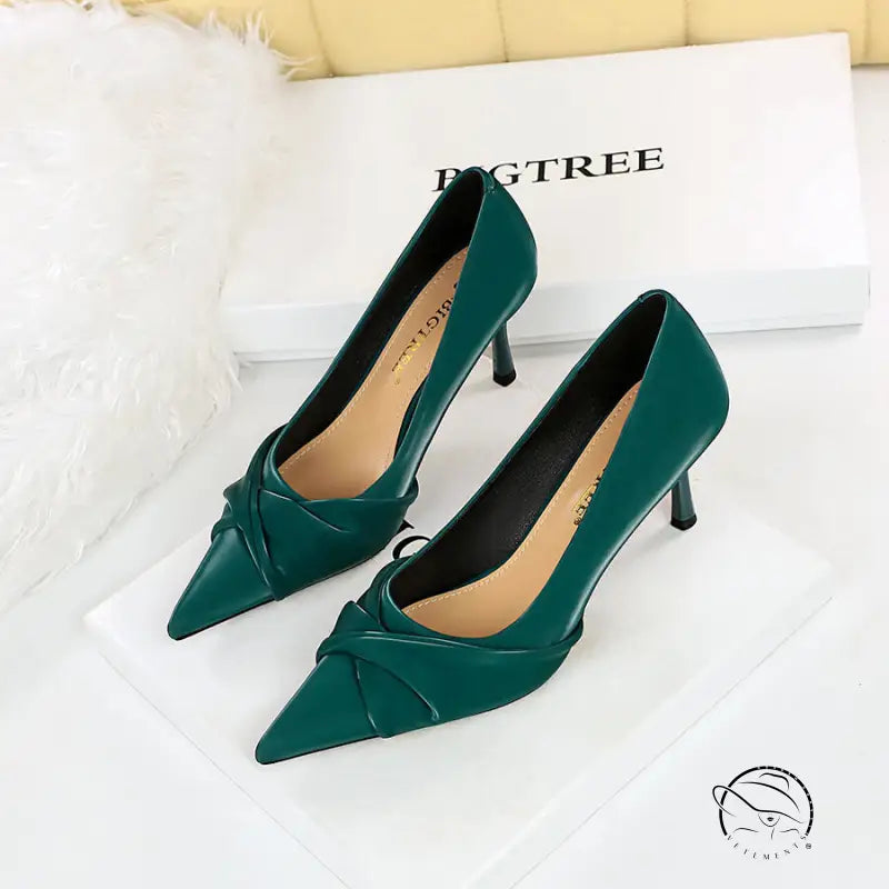 Langry fashion green patent leather pointed toe pumps with bow and thinner stiletto heel