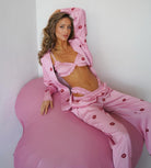 Pink satin langry fashion pajamas with red lips print, three-piece set