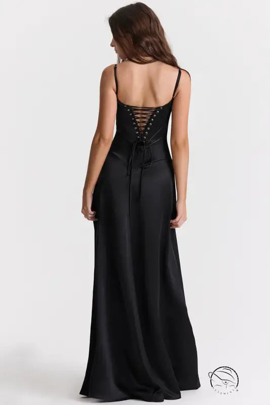 Elegant black satin corset-back dress in langry fashion ملابس