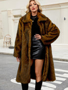Luxurious long warm faux fur plush coat with wide collar