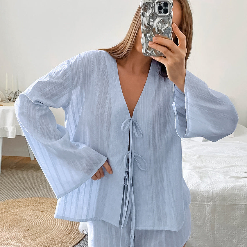 Light blue striped pure cotton homewear pajama set with long bell sleeves and tie-front