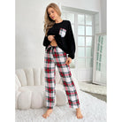 Black winter long sleeve trousers set with plaid pocket for comfortable home wear