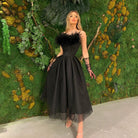 Elegant black feather-trimmed dress from the Feather Straps Tulle Elegant Evening Dress collection