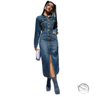 Woman in split denim maxi dress with slit, boots, and purple handbag