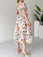 Casual puff sleeve floral A-line dress with square neckline on white background