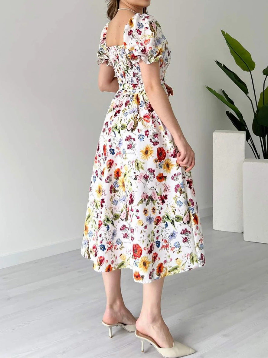 Casual puff sleeve floral A-line dress with square neckline on white background